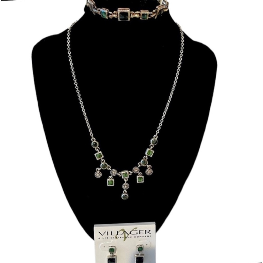 Green and silver toned necklace, bracelet, and earring set